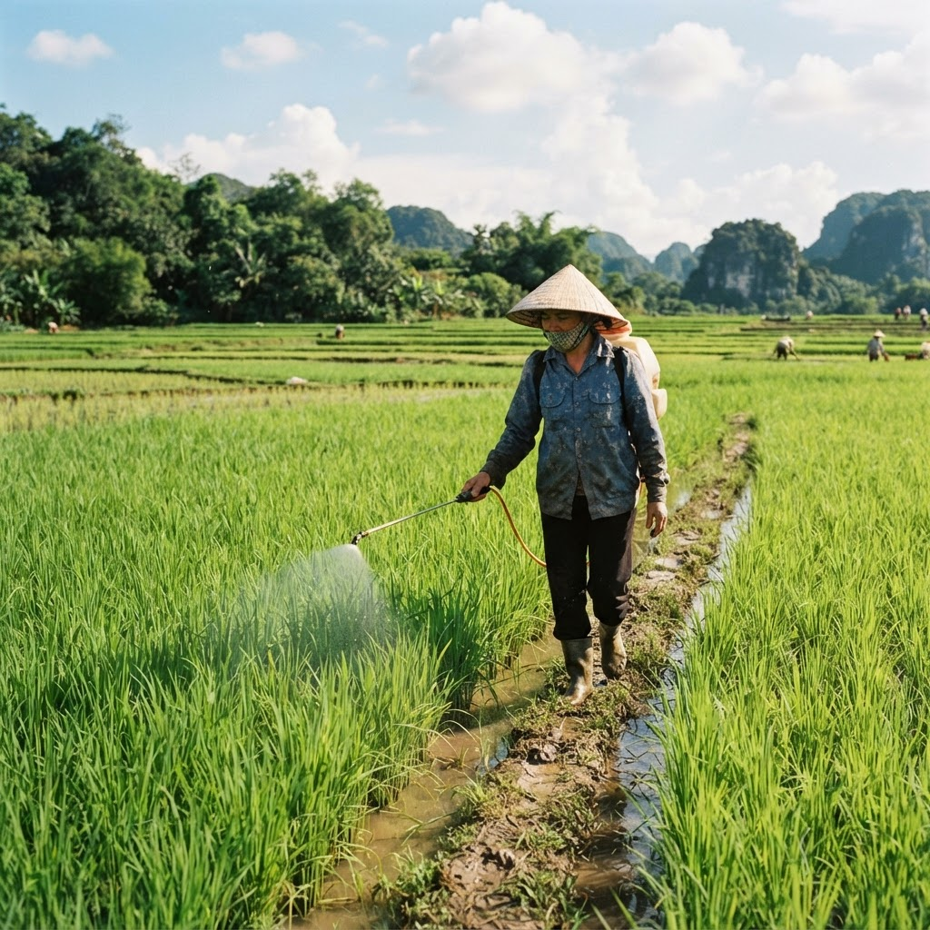 Nông dân chăm sóc ruộng lúa cùng sản phẩm NLD CHEMICAL INTERNATIONAL